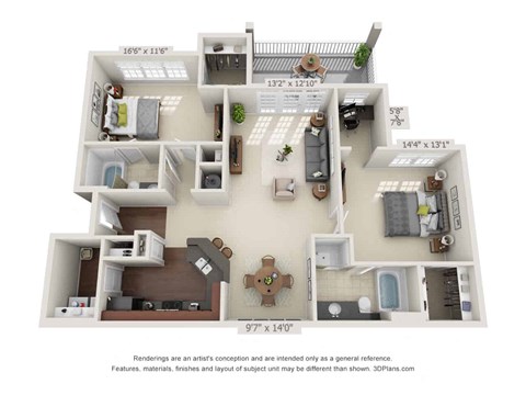Floor plan for 2 beds, 2 baths, 1311 sqft